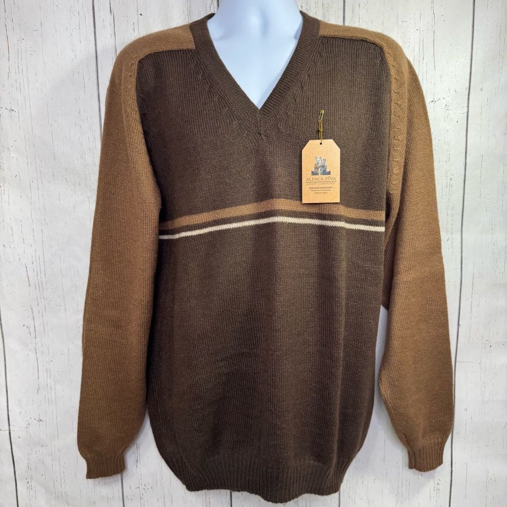 Alpaca Fina Mens Alpaca Wool Sweater Brown Tan Striped V Neck Grandpa Preppy
